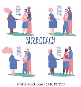Set of Gay Couples with Surrogate Pregnant woman. Two dads. Vector illustration flat cartoon style with hand drawn lettering. Adoptive parents. Surrogacy. EPS10