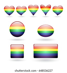 A set of gay pride symbols with a rainbow flag coloring. 3D buttons on a white background. Vector illustration.