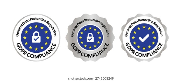 Set of GDPR compliance seals featuring European Union stars, padlock and checkmark icons in clean badge styles. Ideal for websites, e-commerce platforms, legal documents, and marketing materials highlighting data protection and privacy compliance.