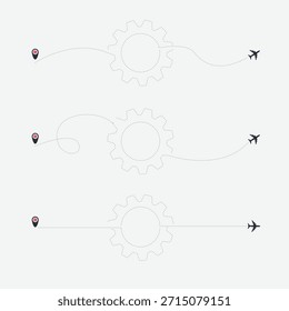 Set of gear airplane. Plane with dashed line in gear shape, travel gear industry concept. Aircraft trip Different flight route with curves