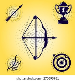 set of gear archer isolated. on a yellow background. cup, bow and arrows. vector illustration