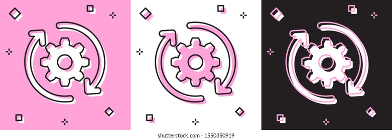 Set Gear and arrows as workflow concept icon isolated on pink and white, black background. Gear reload sign.  Vector Illustration