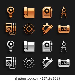 Set Gear and arrows as workflow, Drawing compass, House plan, Pencil gear, Multimeter, Document settings pen, Light bulb and Graphing paper for engineering icon. Vector