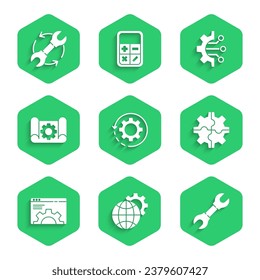Establece el engranaje y las flechas como flujo de trabajo, Globe of the Earth gear, Wrench spanner, Browser settings, Graphing paper, Algoritmo e icono. Vector