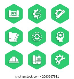Set Gear and arrows as workflow, Graphing paper compass, Wrench spanner gear, Human head with inside, Worker safety helmet, pencil, Pencil and House plan icon. Vector