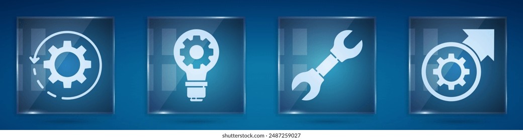 Establecer engranaje y flechas como flujo de trabajo, bombilla y engranaje, llave inglesa y engranaje y flechas como proceso de flujo de trabajo. Paneles de vidrio cuadrado. Vector