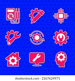 Set Gear and arrows as workflow, Location with wrench spanner, Human head gear inside, Wrench, House, Processor microcircuits CPU and Multimeter icon. Vector