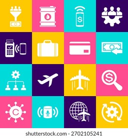 Set Gear and arrows as workflow, Magnifying glass dollar, Cash back, Contactless payment, Suitcase for travel and POS terminal icon. Vector