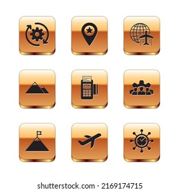 Set Gear and arrows as workflow, Mountains flag, Plane, POS terminal,  and Globe with flying plane icon. Vector