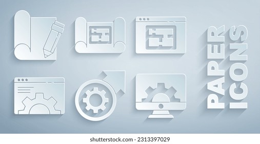 Set Gear and arrows as workflow process, House plan, Browser setting, Computer monitor gear,  and Graphing paper pencil icon. Vector