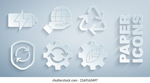 Set Gear and arrows as workflow, Recycle symbol, inside shield, Leaf plant gear machine, Hand holding Earth globe and Battery icon. Vector