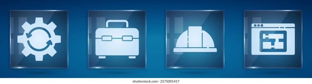 Set Gear and arrows as workflow, Toolbox, Worker safety helmet and House plan. Square glass panels. Vector