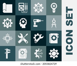 Set Gear and arrows as workflow, User manual, Drawing compass, Processor, Human head with gear inside, Wrench spanner, Graphing paper for engineering and Electric drill machine icon. Vector