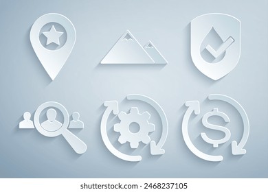 Set Gear and arrows as workflow, Waterproof, Magnifying glass for search people, Return investment, Mountains and Location with star icon. Vector