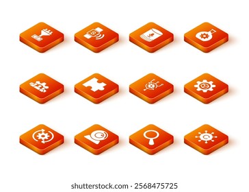 Set Gear and arrows as workflow, Web camera, Project team base, Piece of puzzle, Magnifying glass and Algorithm icon. Vector