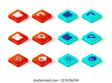 Set Gear and arrows as workflow, Worker safety helmet gear, Graphing paper for engineering, Wrench spanner, Electric drill machine and pencil icon. Vector
