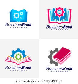 Conjunto de plantillas vectoriales de diseño del logotipo del libro de engranajes, Concepto de diseño del libro de ilustraciones, símbolo de icono
