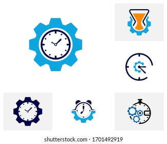 Set of Gear Clock logo design concept vector. Time management logo template. Concept icon isolated on white background. Vector symbol.