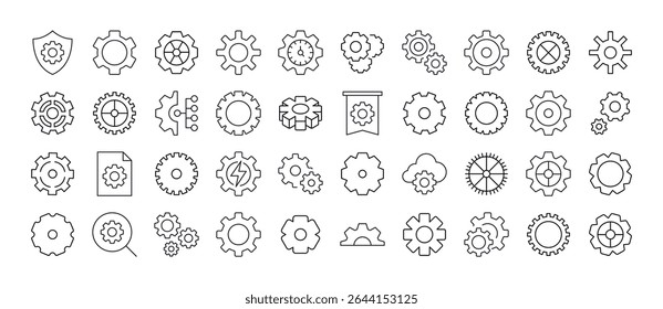 Conjunto de ícones de linha relacionados a engrenagem e roda dentada. Outline Signs para Gráficos e Web Design, Apps, Anúncios, Vários Cartões 