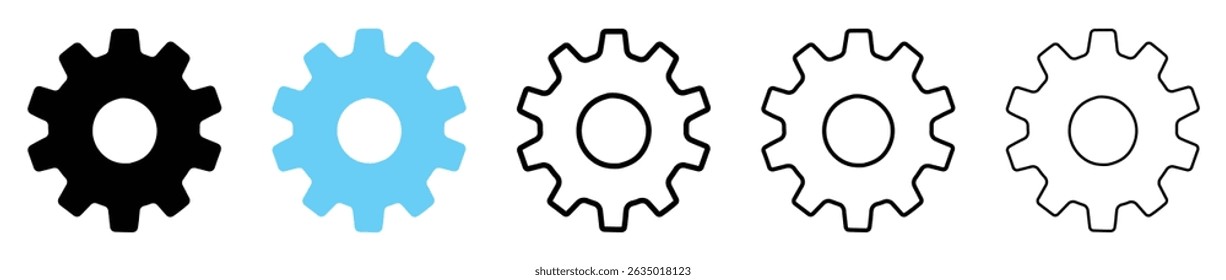 Set of gear cogwheel vector ions in different style. Solid, colored and outline mechanical settings symbols isolated on White Background. Setting pictogram. flat design. Vector illustration.