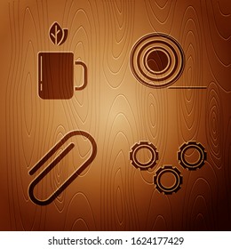 Set Gear, Cup of tea and leaf, Paper clip and Scotch on wooden background. Vector