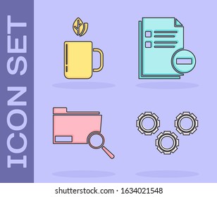 Set Gear, Cup of tea and leaf, Search concept with folder and Document with minus icon. Vector