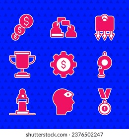 Set Gear with dollar, Man third eye, Medal, Whistle, Speaker, Award cup, Weight loss and Financial growth and icon. Vector