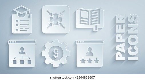 Establecer el engranaje con el dólar, libro de lectura, educación en línea, calificación del producto del Cliente, objetivo e icono. Vector