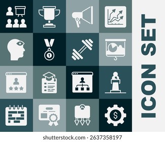 Set Gear with dollar, Speaker, Chalkboard chart, Megaphone, Medal, Man third eye, Training, presentation and Dumbbell icon. Vector