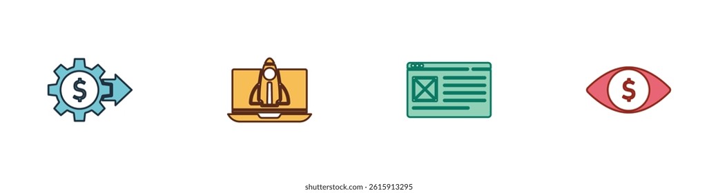 Set Gear with dollar, Startup project concept, Browser window and Eye icon. Vector