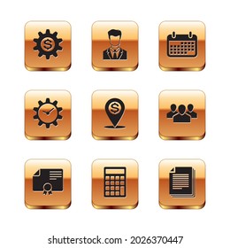 Set Gear with dollar symbol, Certificate template, Calculator, Cash location pin, Time Management and Calendar icon. Vector