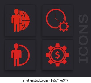 Set Gear with dollar symbol, Globe and people, Time Management and Time Management icon. Vector