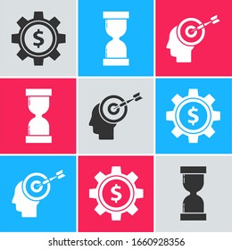 Set Gear with dollar symbol, Old hourglass with flowing sand and Head hunting concept icon. Vector