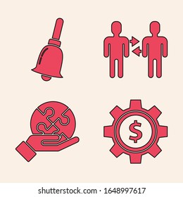 Set Gear with dollar symbol, Ringing bell, Project team base and Piece of puzzle in hand icon. Vector
