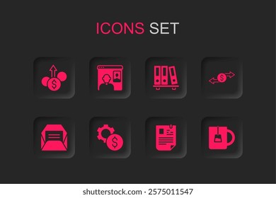 Set Gear with dollar symbol, Video chat conference, Financial growth, Resume, Money exchange, Cup of tea, Office folders and Envelope icon. Vector