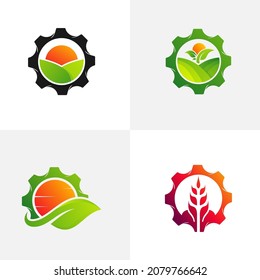 Conjunto de plantilla vectorial de diseño del logotipo de la Granja de engranajes. Concepto del logotipo de la granja