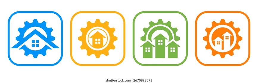 Satz von Ausrüstung mit dem Haus-Symbol, Vektorsymbol. Repräsentant von Innovation, Lösung und Immobilien