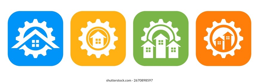 Conjunto de engranajes con símbolo de Vector de ícono de la casa. Representación de la innovación, la solución y los bienes raíces
