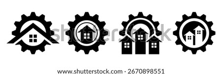 Set of gear with house icon vector symbol. Representing innovation, solution, and real estate