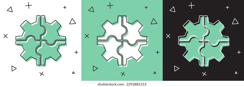 Set Gear Symbol einzeln auf weißem und grünem, schwarzem Hintergrund. Einstellschild für das Zahnrad des Zahnrades. Cog-Symbol.  Vektorgrafik