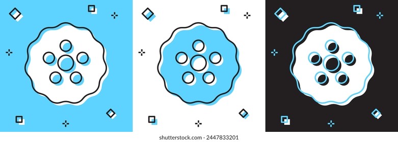 Establecer icono de engranaje aislado en azul y blanco, fondo negro. Señal de Configuraciones de engranajes de rueda dentada. Símbolo Cog.  Vector