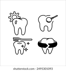 Set of gear icons. Dental care, preventive check-up, stomatology services, teeth, toothache, oral hygiene, linear design. Vector illustration.