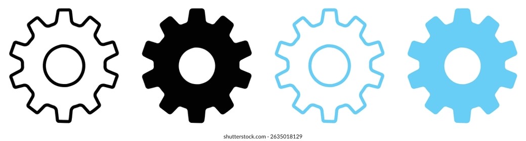 Set of gear icons in outline and solid styles with black and blue cogs on white background. Mechanical settings symbols. Engineering or app interface concept vector illustration.