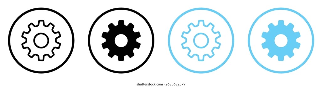 Set of gear icons in outline and solid styles with black and blue cogs on white background. Mechanical settings symbols. Engineering or app interface concept isolated vector illustration.
