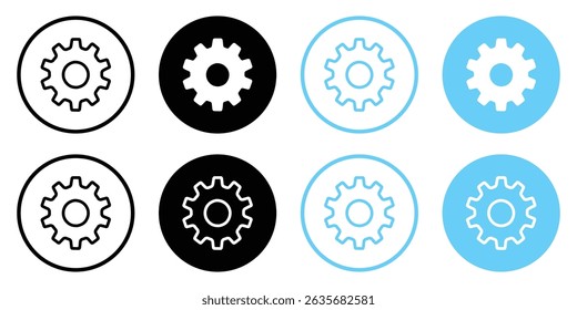 Set of gear icons in outline and solid styles with black and blue cogs on white background. Mechanical settings symbols. Engineering or app interface concept isolated vector illustration flat design.