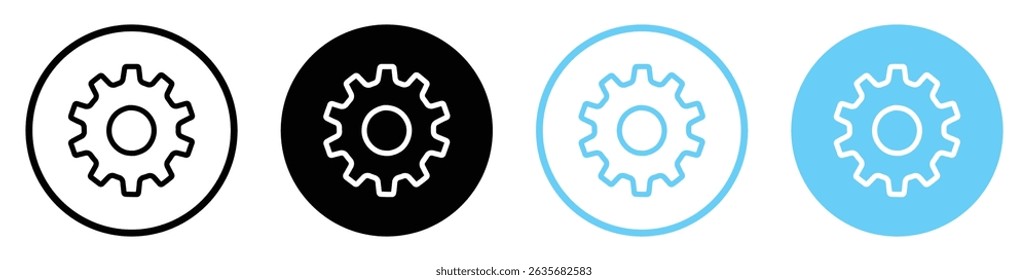 Set of gear icons in outline and solid styles with black and blue cogs on white background. Mechanical settings symbols. Engineering or app interface concept isolated vector illustration. Flat design.