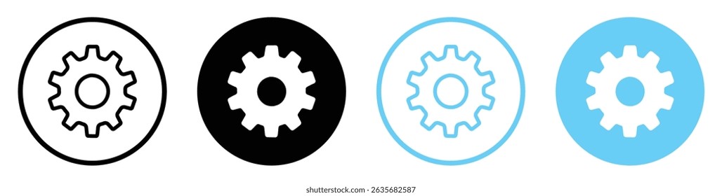 Set of gear icons in outline and solid styles with black and blue cogs on white background. Mechanical settings symbols. Engineering or app interface concept isolated vector illustration. Flat style.