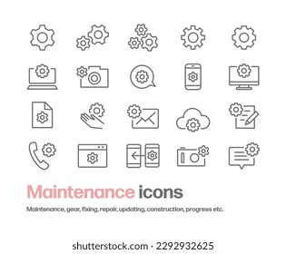 A set of gear icons representing maintenance and settings. An illustration combining gear icons with a computer, camera, smartphone, browser, etc.