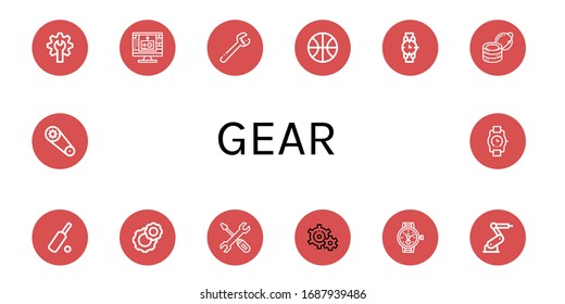 Set of gear icons. Such as Gear, Edit tool, Wrench, Basketball, Watch, Global server, Cricket, Cogwheel, Technical Support, Settings, Industrial robot, Wristwatch , gear icons
