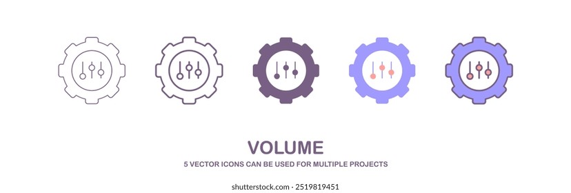 Conjunto de ícones de engrenagens com controles deslizantes de controle de volume dentro, Estes ícones representam ajuste de volume ou configurações de som, com foco em personalização e controle. um conjunto de ícones com 5 estilos diferentes